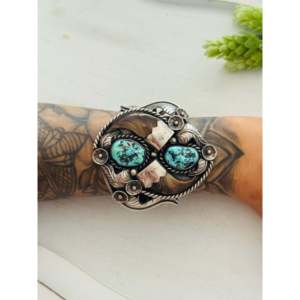 Vintage Charlie Morgan Kingman Turquoise & Sterling <b>Silver</b> Fashion <b>Cuff</b> <b>Bracelet</b> - Product Image 2