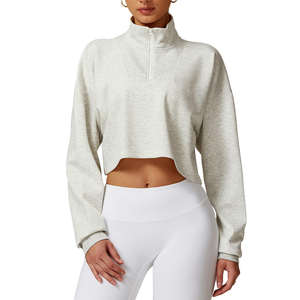 À la mode femmes décontracté haut court quart fermeture éclair léger Stretch tricoté tissu doublé sweats à capuche pour Streetwear solide court - Product Image 1