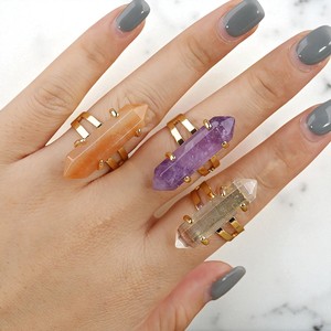 Double Pointed Healing Smoky Quartz Gemstone <b>Rings</b>- Long Stone Gold Plated Women <b>Ring</b> - 925 Silver <b>Crystal</b> <b>Ring</b> Jewelry - Product Image 2