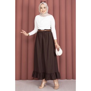 Linda Falda Coreana con Pliegues y Detalle de Volantes, Cintura Elástica, Suave y Transpirable, de Seda y Chifón Marrón, Talla XS Corta - Product Image 1