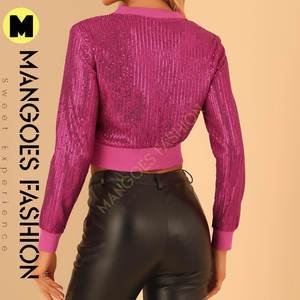 Chaqueta Bomber Corta de Lentejuelas Brillantes para Mujer, con Relleno de Algodón, Color Rosa Intenso, Cierre Frontal con Cremallera para un Estilo Impresionante - Product Image 4