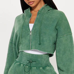 Ensemble 2 pièces pour femme, sweat à capuche et short de jogging décontracté d'hiver, lavage à l'acide, uni, fermeture éclair, polaire, streetwear écologique - Product Image 6