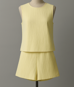 Women's 2 Piece <b>Linen</b> Shorts <b>Set</b> Sleeveless O-Neck Solid Yellow Casual Spring Summer Breathable Regular Fit Above Knee - Product Image 6