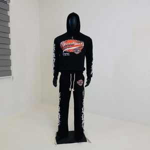 Sweat à capuche et pantalon de survêtement oversize en molleton épais 100 % coton, respirant, avec broderie losanges superposées, style streetwear, pour homme - Product Image 1