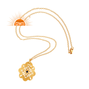 Nouveau Collier Pendentif Artisanal Plaqué Or avec Pierres Naturelles CZ et Quartz Aventurine Bleue, Fabricant de Bijoux Demi-Précieux - Product Image 1