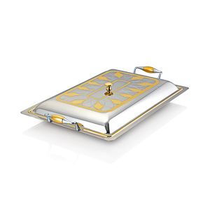 Plateau de service en acier inoxydable de qualité supérieure, argent et or, avec couvercle à motif floral gravé, plateau de service élégant pour les aliments - Product Image 4