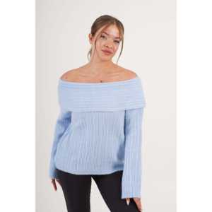 เสื้อสเวตเตอร์ถักสีฟ้าอ่อนแบบเปิดไหล่สไตล์ลำลองขายส่ง - Product Image 5