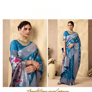 Saree élégant en soie Pallu imprimé paon riche et tendance avec dentelle extensible écologique Zhallar et chemisier pour toutes les occasions - Product Image 1