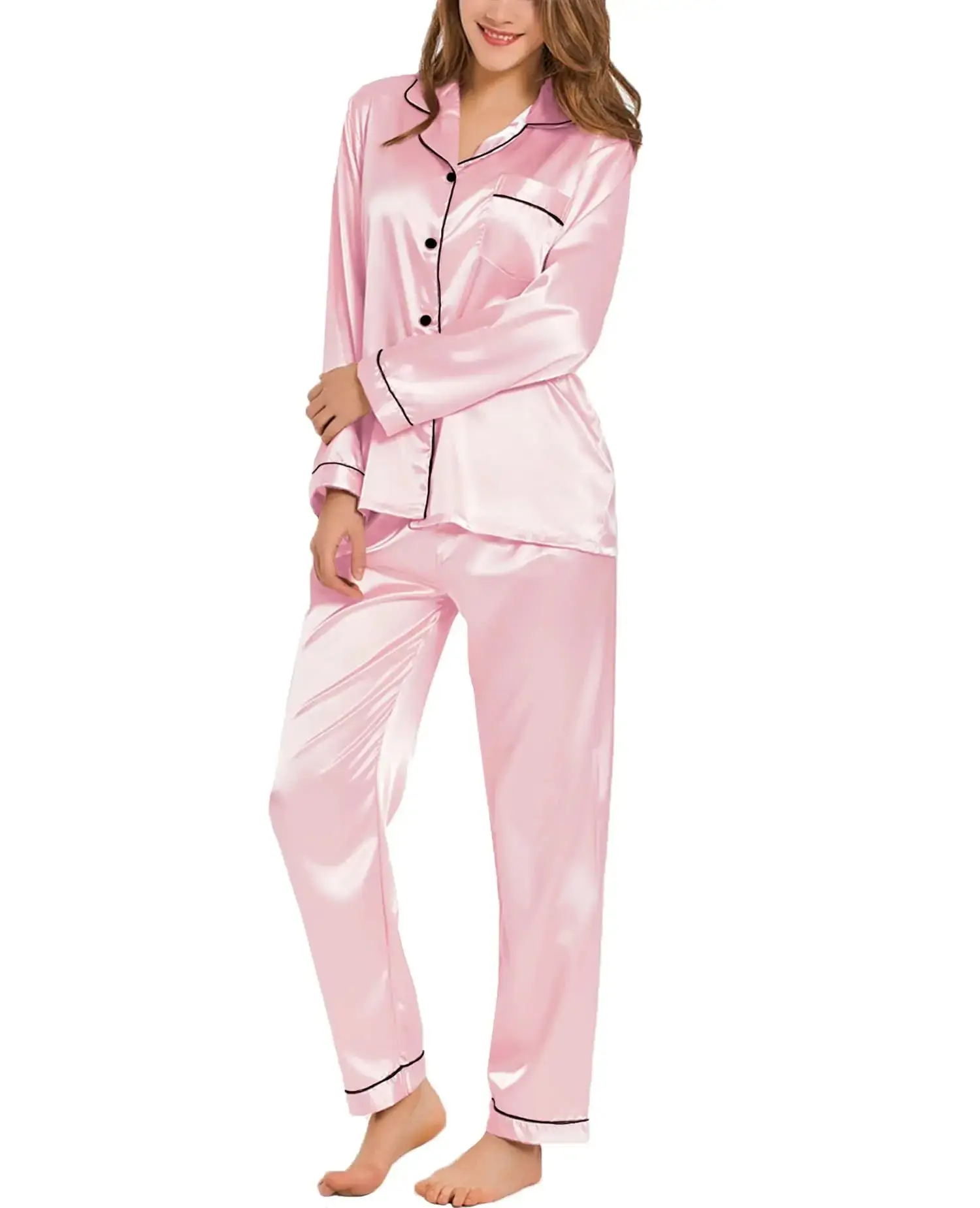 Top trending Womens Silk Satin Pajamas Loungewear Two-piece Sleepwear Button-Down Full Sleeve Long Pj Set