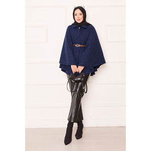 Poncho Azul Marino de un Solo Botón con Tela Tejida y Cinturón para la Temporada de Invierno - Product Image 6