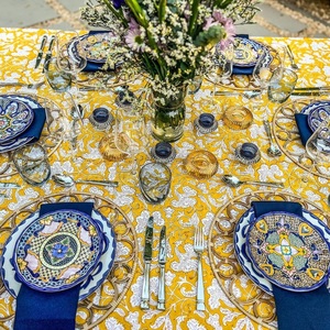 Saffron Yellow and Deep Pruce Indian Floral Handmade Block Printed Cotton <b>Tablecloth</b> Rectangle for Wedding and Dining - Product Image 2