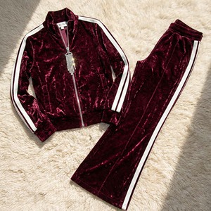 Ensemble de survêtement en velours de qualité supérieure, poids lourd, couleur personnalisée, 2 pièces, vente en gros, bas évasé personnalisé, au-dessus du genou, skinny, uni - Product Image 1