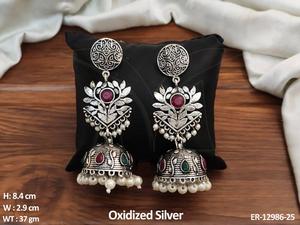 Clusterpearls đẹp Fancy phong cách Antique thiết kế oxy hóa đồ trang sức bị oxy hóa bạc Ba Lan oxy hóa jhumka Bông tai phụ nữ - Product Image 3