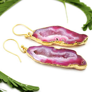 Moda real para mujer Ágata natural Geode Druzy Slice 24K Oro Electrochapado Gota Pendiente para niñas Joyería al por mayor para la India - Product Image 2