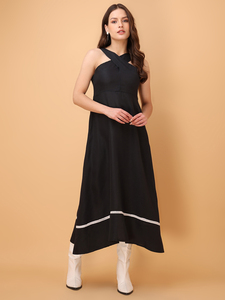 Women's Solid Fit and Flare Maxi Sleeveless Halter Neck <b>Dress</b> - Product Image 3
