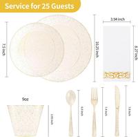 Haute qualité 175 pièces coffret cadeau or paillettes jetables en plastique fête vaisselle occidentale vaisselle assiette plat tasse et couverts ensemble