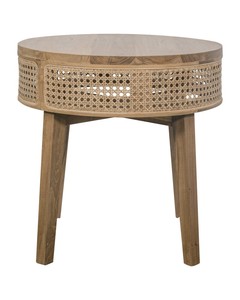 Table d'appoint ronde simple Vania en bois de teck massif et rotin tissé avec finition naturelle pour le salon et la chambre à coucher - Product Image 2