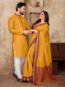 La mejor combinación de colores, aspecto liso y elegante, tela de seda pura, Sastre, sirvienta, hermosa colección Kurta & Saree para ropa de pareja - Product Image 6