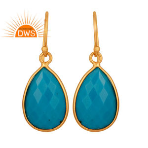 Boucles d'oreilles pendantes en argent sterling plaqué or 18 carats avec pierre précieuse naturelle turquoise, bijoux demi-fins, fabricant - Product Image 1