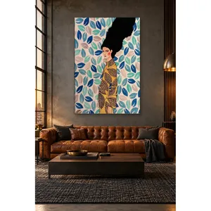 Fida Woman in Gold Patterned Dress on Blue Leaf Background <b>Canvas</b> Print - Product Image 5