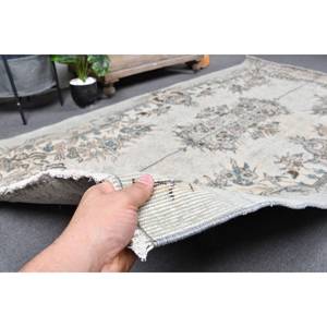 Tapis en laine turque vintage 4.9x8,9 pieds Patchwork beige et bleu tissage plat pour décorations de salon avec support en latex - Product Image 3