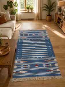 Tapis moderne en coton tissé à la main, bleu rayé, motif aztèque géométrique avec franges et pompons pour salon et décoration intérieure - Product Image 3