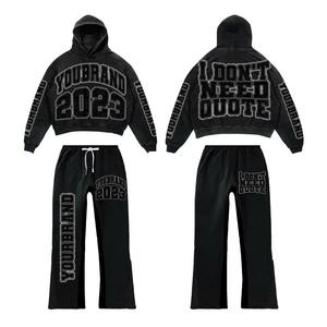 2024 nouveautés à la mode Streetwear acide lavé survêtements fermeture éclair sweats à capuche survêtement ensemble détresse Patch pantalons de survêtement évasés - Product Image 6