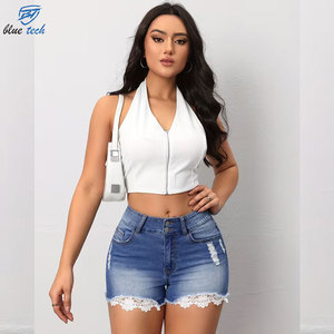 Shorts en jean bleu taille haute personnalisés pour femmes, service OEM, conception de logo personnalisé, motif décontracté tendance, lavage, respirant, séchage rapide - Product Image 1