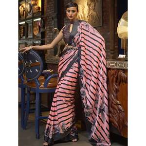 Adorable Vestido de Noche de Satén Estampado Rosa y Negro, Sari de Fiesta con Blusa - Product Image 2