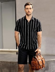 เสื้อเชิ๊ตผ้าปอปลินสำหรับผู้ชายเสื้อเชิ๊ตแขนสั้นมีกระดุมลายทางสำหรับฤดูร้อนเสื้อฮาวายชายหาดวินเทจเป็นมิตรกับสิ่งแวดล้อม - Product Image 1