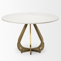 Table de salle à manger moderne en marbre blanc de haute qualité avec base en métal façonnée, finition laiton électroplaqué, pliable, 4 places