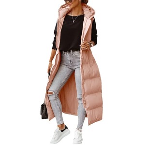 Otoño Invierno señoras medio largo estilo Parka chaleco Delgado con capucha Algodón ligero Color puro sin mangas con piel de oveja cuero - Product Image 1