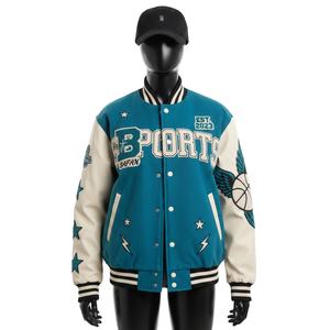 Chaqueta Universitaria de Lana para Mujer, Color Verde Azulado, Paneles de Manga Color Crema con Bordado de Chenilla, Diseño de Logotipo Personalizado, Chaquetas Universitarias para Mujer - Product Image 1