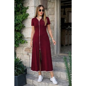 Women's Short Sleeve Open Neck Front <b>Zipper</b> Flared Midi Viscose Dress, 34206 - Product Image 1