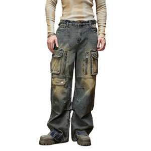 Jeans baggy en denim pour homme, design personnalisé, vintage, lavés, longueur au sol, jeans empilés, délavés, jambes larges, pantalon cargo multi-poches pour homme - Product Image 4