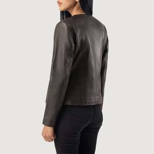 <b>Womens</b> Brown Leather Collarless <b>Jacket</b> - Product Image 5