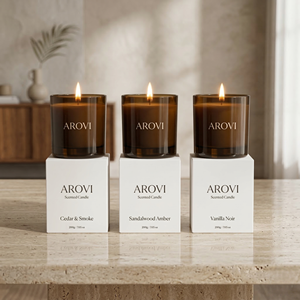Arovi - <span class=keywords><strong>Bougie</strong></span> parfumée de luxe en verre ambré à la cire de soja, longue durée de combustion, avec parfum d'huiles essentielles pour marque privée - Product Image 1