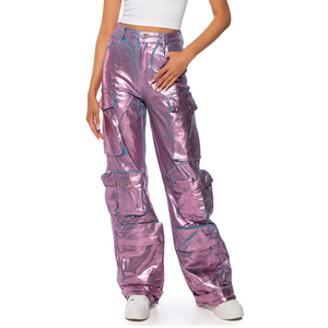 LA ISLA METALLIC CARGO JEANS in PINK High Waisted Flap Pocket Cargo Jeans <strong>Baggy</strong> Boyfriend <strong>Trousers</strong> Pants for <strong>Women</strong> - Product Image 1