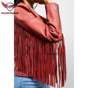 Chaqueta de cuero auténtico rojo oscuro para mujer con flecos en las mangas, borlas, piel de oveja, estilo vaquero occidental, abrigo de motociclista, ropa de abrigo personalizada para invierno - Product Image 3