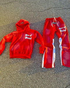 Fabricant de vêtements personnalisé de luxe pour hommes Streetwear surdimensionné Satin doublé Patch brodé jambe large pantalon de survêtement fermeture éclair à capuche ensemble - Product Image 4