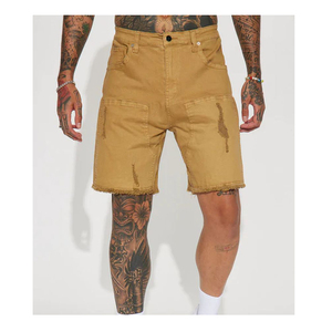 กางเกงยีนส์ขาสั้นมีซิปรูดสำหรับผู้ชายกางเกงขาสั้นผ้ายีนส์มีขอบล่างมีกระเป๋าระบายอากาศสีน้ำตาล - Product Image 4