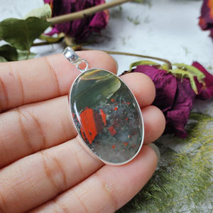 Personalizable Piedra Preciosa Cabujón Oval Africano Bloodstone 925 Colgante de Plata - Product Image 1