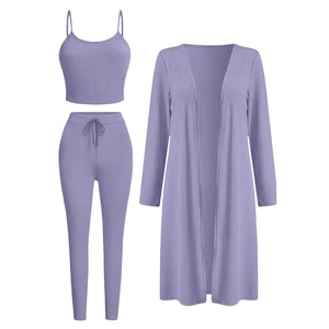 ชุดใส่อยู่บ้านผู้หญิงแฟชั่นเสื้อสายเดี่ยวลำลองกางเกงคาร์ดิแกนยาวกางเกงสีทึบชุด3ชิ้น - Product Image 1