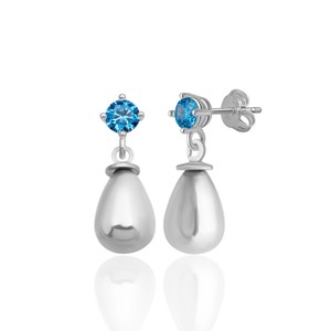Nuevos pendientes de plata de ley 925 con circonita azul de 4 mm y perla de concha blanca de Turquía. - Product Image 1