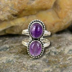 Bague vintage en argent sterling 925 faite à la main, pierre précieuse d'améthyste naturelle, serti de diamants de taille ovale pour les mariages et les fêtes - Product Image 2