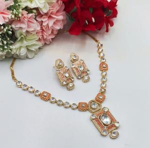 Elegante alta calidad chapado en oro piedra Look diseño Kundan collar pendientes conjunto mujeres tradicional boda compromiso regalo - Product Image 3