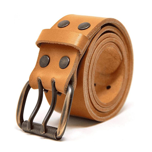 Genuine Leather Casual <b>Belt</b> With Double Prong Iron Buckle Solid Tan Color Durable Cow Hide Men's <b>Belt</b> - Product Image 1