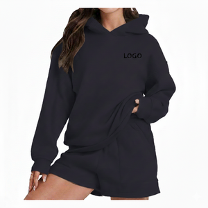 <b>Women</b> Solid Hoodie and <b>Shorts</b> Two-Piece Set <b>Loose</b> Fit Casual 100% Cotton Outfit Contemporary Streetwear for Daily Use - Product Image 2