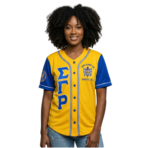 เสื้อเบสบอล Sigma Gamma Rho สีทองน้ำเงินสำหรับผู้หญิง ตัวอักษรกรีก กระดุมติดหน้าเสื้อ SGR เสื้อผ้าชมรมนักศึกษา ทรงสปอร์ต ใส่สบายๆ - Product Image 1