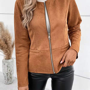 Chaqueta Bomber de cuero elegante Vintage para mujer, cremallera frontal roja con cuello de solapa, manga larga, traje de punto de piel de oveja a la moda - Product Image 1